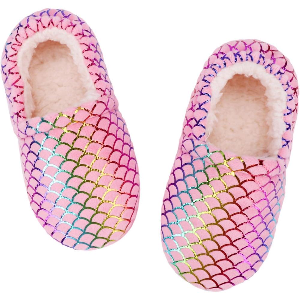 imageGirls Mermaid Princess Glitter House Slippers NoSlip Memory Foam Slippers for Kids Little KidBig KidMermaid Scales  Pink