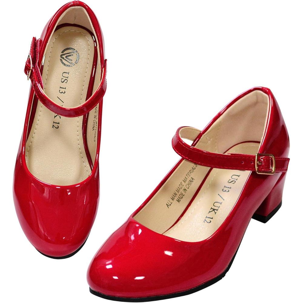 imageLseLom Girls Dress ShoesMary Jane Shoes for Girls Low Heel Princess Hook and Loop Dress Shoes Party Wedding Flats for LittleBig KidsRed