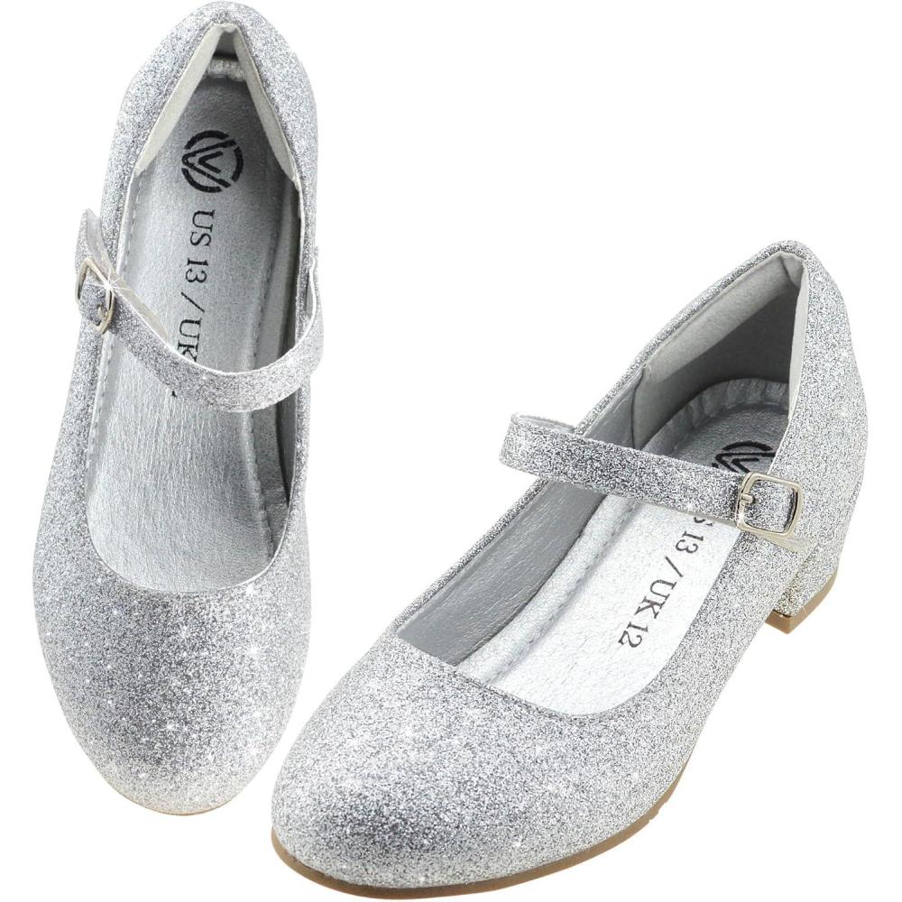 imageLseLom Girls Dress ShoesMary Jane Shoes for Girls Low Heel Princess Hook and Loop Dress Shoes Party Wedding Flats for LittleBig KidsSilver