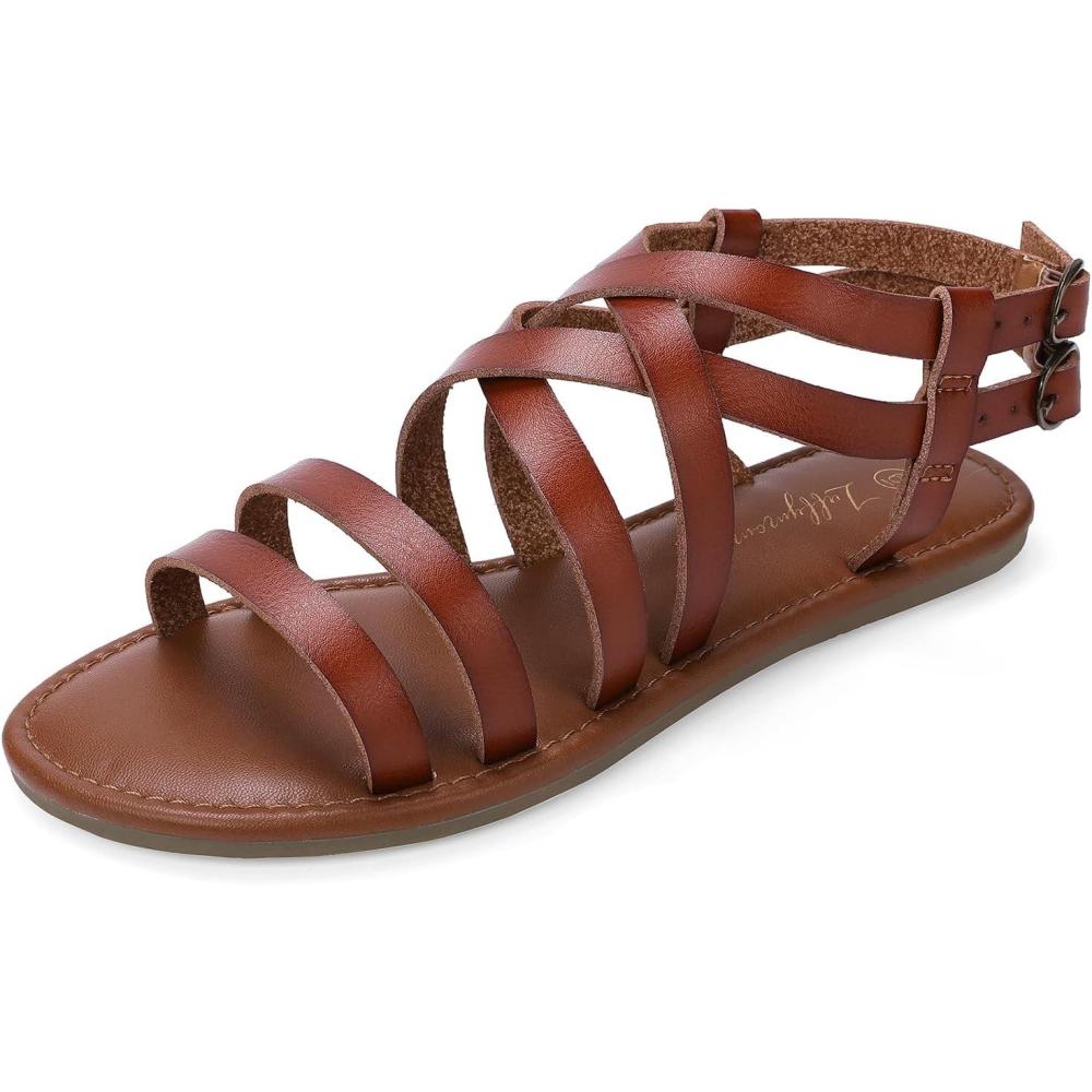 imageLuffymomo Womens Flat Sandals Open Toe Casual Strappy Sandals Comfortable Ankle Strap Gladiator SlidesBrown