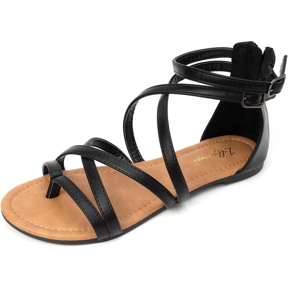 imageLuffymomo Womens Gladiator Strap Sandals Flat Fisherman Thong Cross Strappy SandalsBlack