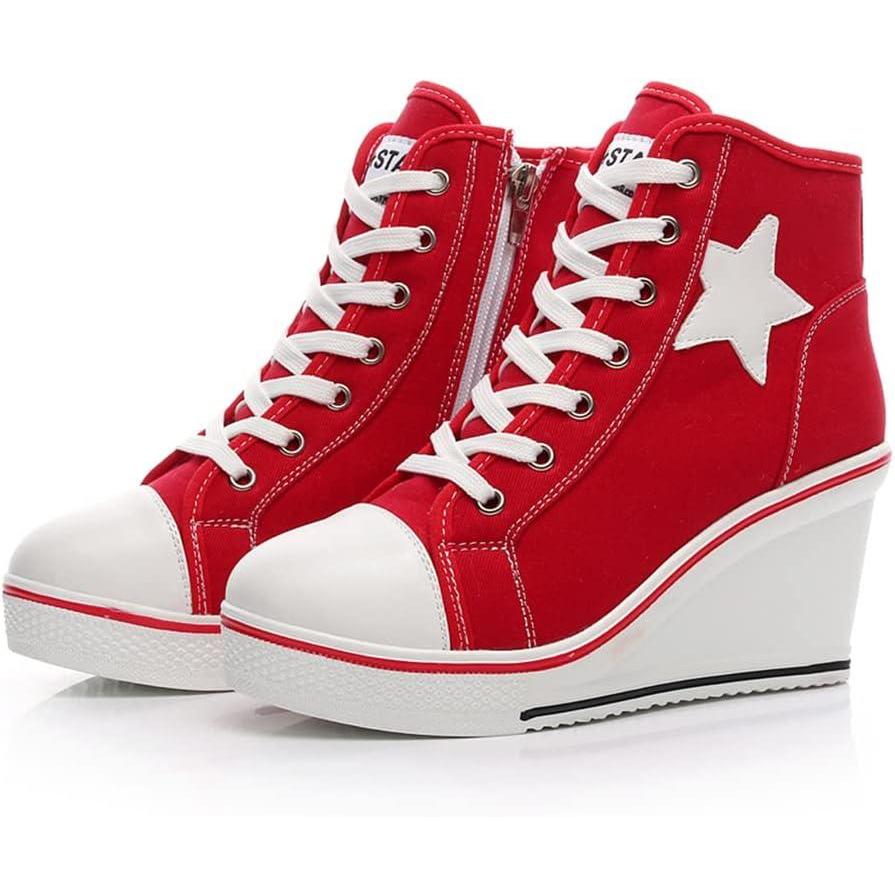 imageMei MACLEOD High Heel Wedge Sneakers for Women Casual Lace Up Canvas Shoes for Ladies Platform Wedge Shoes AnkleBootiesRed