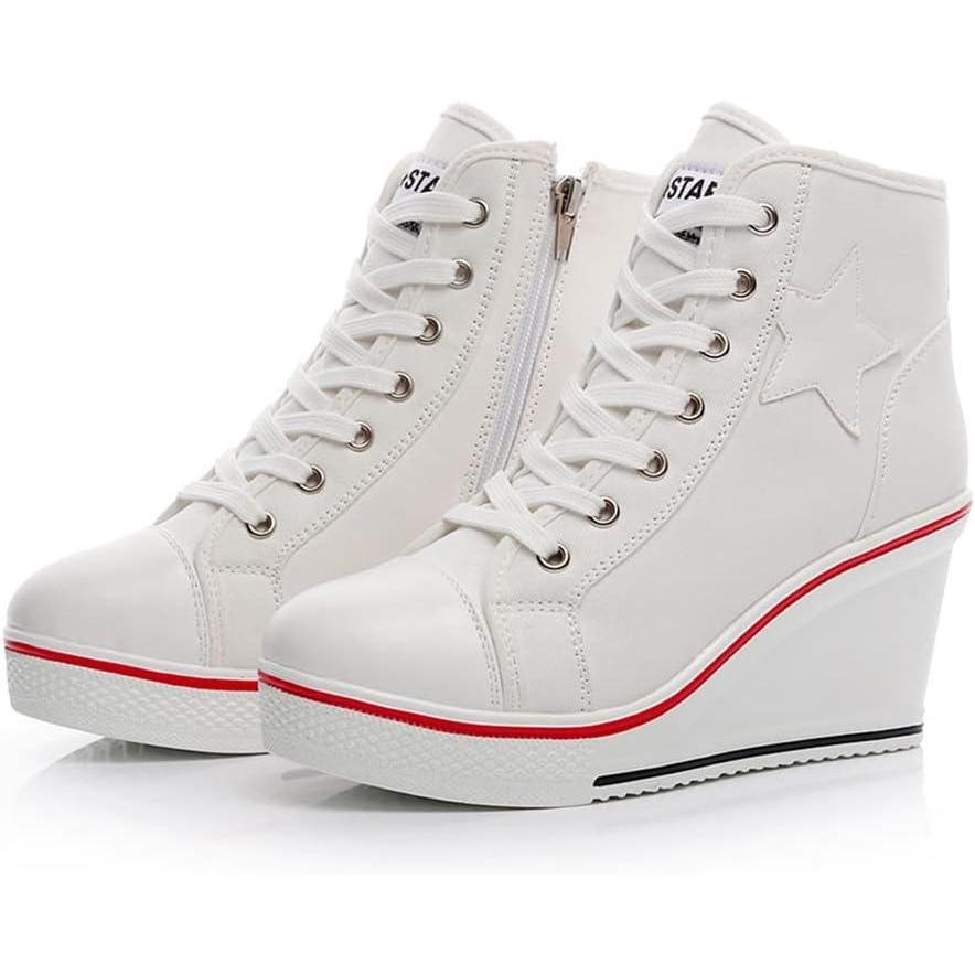 imageMei MACLEOD High Heel Wedge Sneakers for Women Casual Lace Up Canvas Shoes for Ladies Platform Wedge Shoes AnkleBootiesWhite