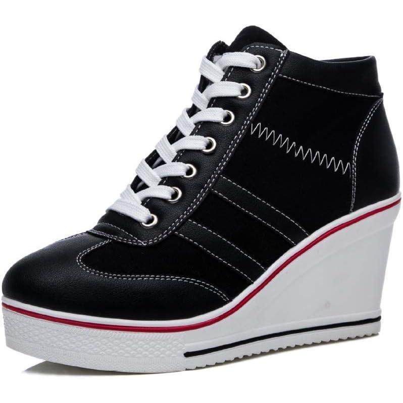 imageMei MACLEOD Women Wedge Sneakers Platform Wedge High Heel Sneakers Ankle Booties Casual Canvas ShoesBlack