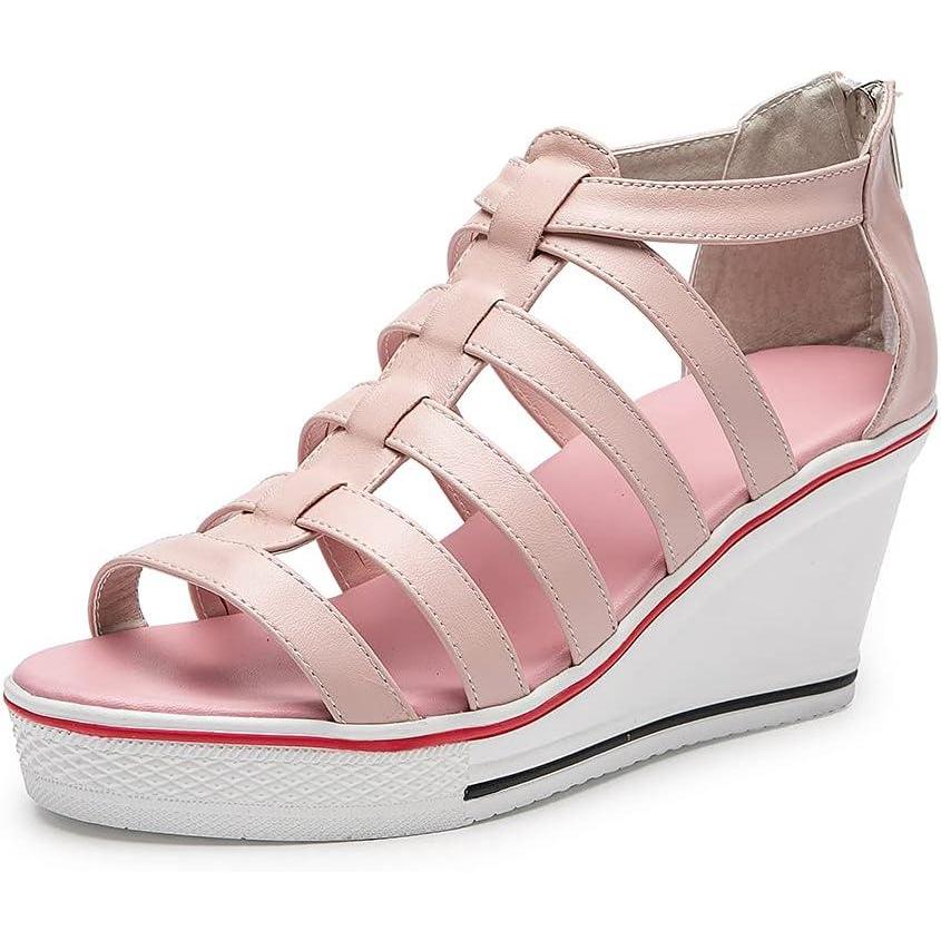 imageMei MACLEOD Womens Lace Up Heeled Sneakers Fashion Platform Wedge Sneakers Casual Canvas Shoes for GirlsCpink
