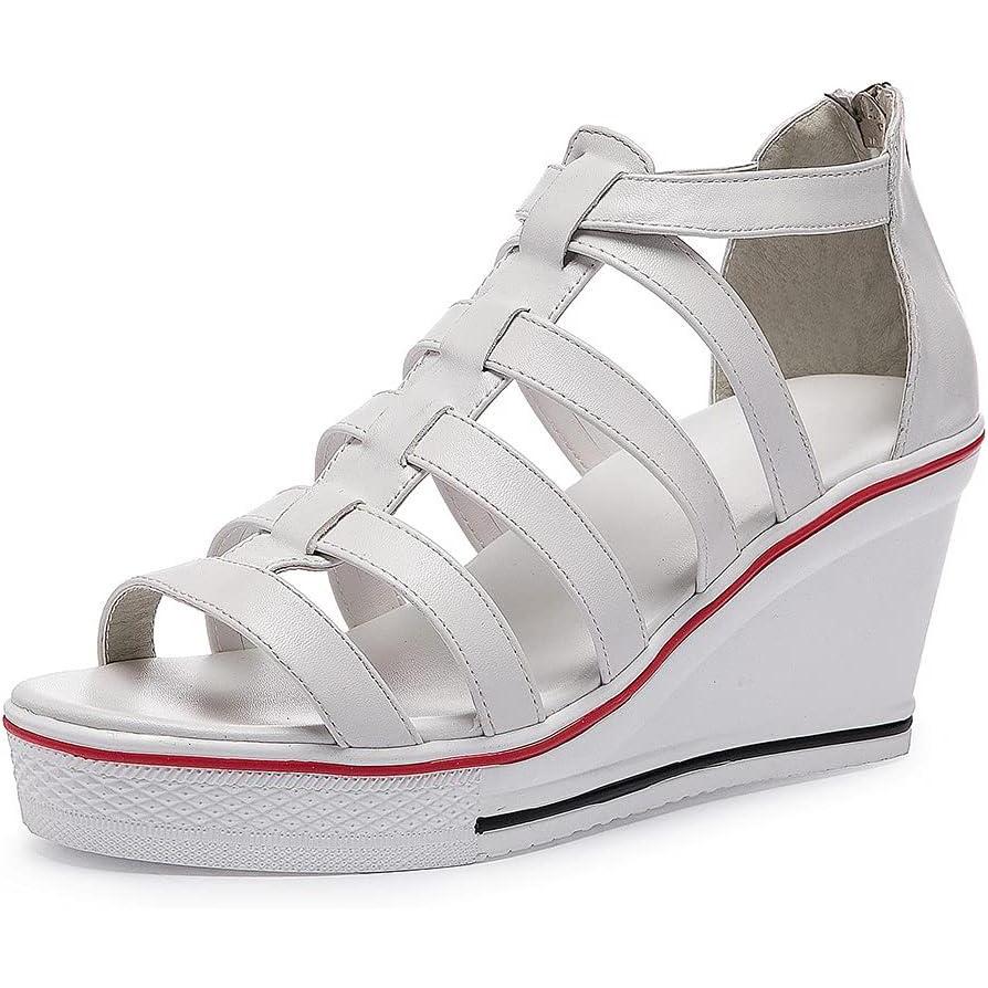 imageMei MACLEOD Womens Lace Up Heeled Sneakers Fashion Platform Wedge Sneakers Casual Canvas Shoes for GirlsCwhite