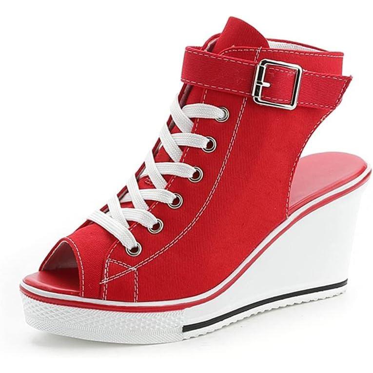 imageMei MACLEOD Womens Platform Wedge Sneaker Fashion High Heel Shoes Summer Peep Toe Wedge SandalsRed