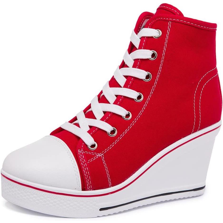 imageWomens Lace Up Heel Sneakers Platform Wedge Sneakers Ankle Booties with Zipper Casual Canvas Fashion Sneaker for GirlsRed