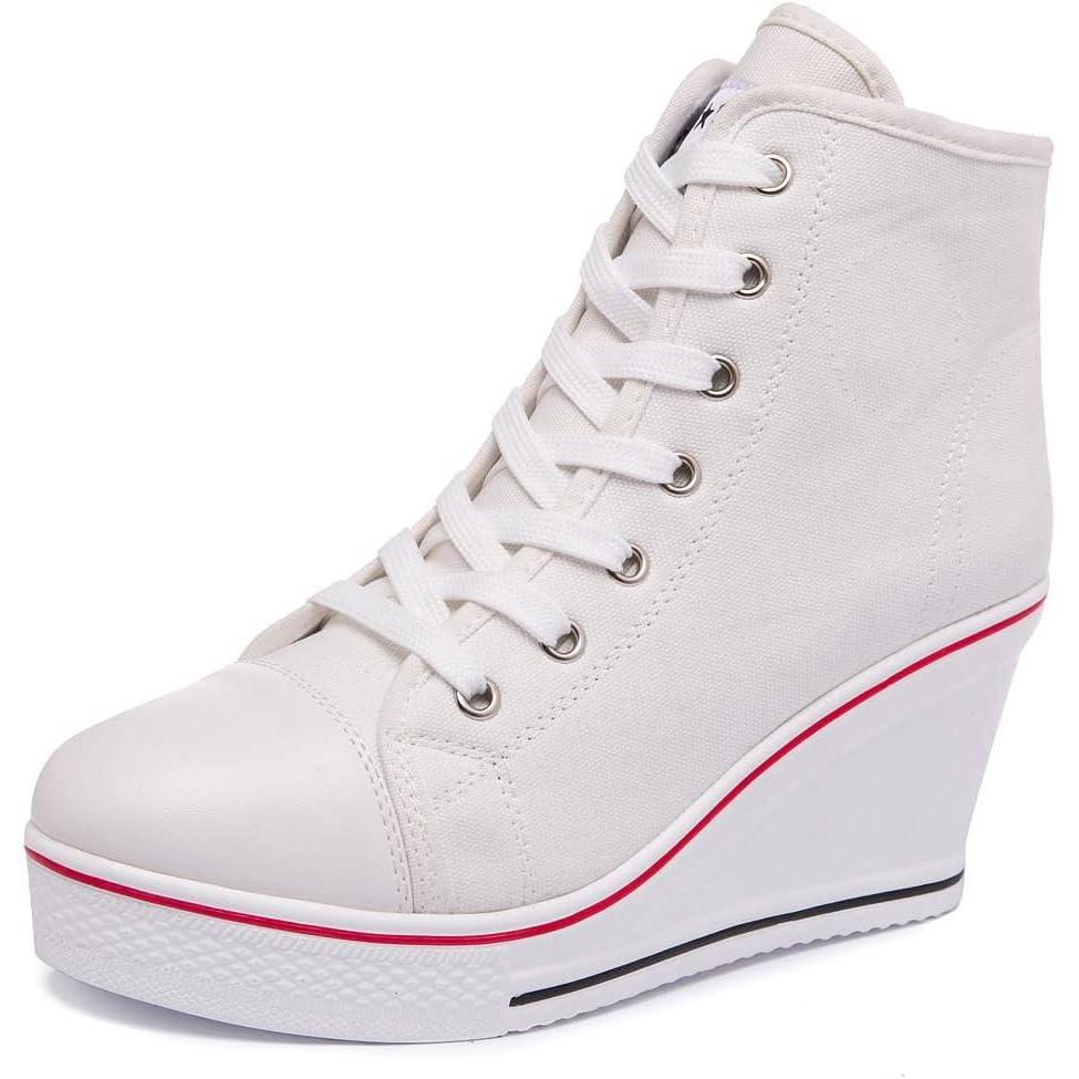 imageWomens Lace Up Heel Sneakers Platform Wedge Sneakers Ankle Booties with Zipper Casual Canvas Fashion Sneaker for GirlsWhite