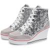 imageMei MACLEOD Womens Wedge Sneakers High Top Booties Lace Up Platform Sneakers Fashion Sequins ShoesSilver