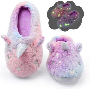 Fuzzy Unicorn Slippers for Boys Girls, Glow in the Dark Memory Foam House Slipper, Anti Slip Soles(Little Kid/Big Kid)(Multicolor Purple)