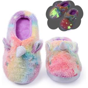 Fuzzy Unicorn Slippers for Boys Girls, Glow in the Dark Memory Foam House Slipper, Anti Slip Soles(Little Kid/Big Kid)(Rainbow Unicorn)