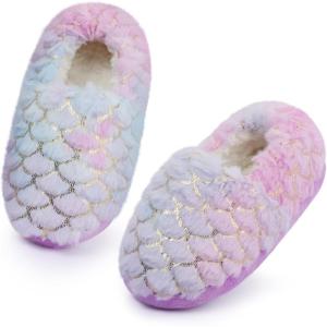 Girls Mermaid Princess Glitter House Slippers No-Slip Memory Foam Slippers for Kids (Little Kid/Big Kid)(Mermaid – Blue Purple)