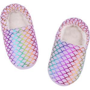 Girls Mermaid Princess Glitter House Slippers No-Slip Memory Foam Slippers for Kids (Little Kid/Big Kid)(Mermaid Scales – Purple)