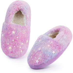 Girls Mermaid Princess Glitter House Slippers No-Slip Memory Foam Slippers for Kids (Little Kid/Big Kid)(Star – Pink Purple)
