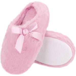 Girls Plush Faux Fur Slip on House Slippers Clog with Memory Foam – Bedroom Slippers Outdoor Indoor Faux Fur Lined(Bowknot – Pink)