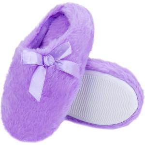 Girls Plush Faux Fur Slip on House Slippers Clog with Memory Foam – Bedroom Slippers Outdoor Indoor Faux Fur Lined(Bowknot – Purple)