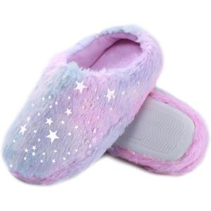 Girls Plush Faux Fur Slip on House Slippers Clog with Memory Foam – Bedroom Slippers Outdoor Indoor Faux Fur Lined(Colorful – Blue Purple)