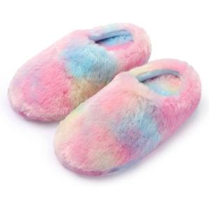 Girls Plush Faux Fur Slip on House Slippers Clog with Memory Foam – Bedroom Slippers Outdoor Indoor Faux Fur Lined(Colorful – Pink)