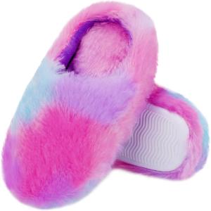 Girls Plush Faux Fur Slip on House Slippers Clog with Memory Foam – Bedroom Slippers Outdoor Indoor Faux Fur Lined(Colorful – Purple Blue)