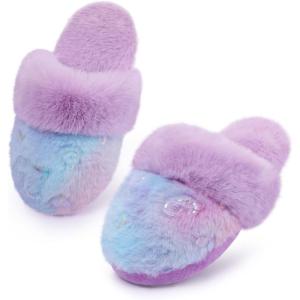 Girls Plush House Slippers Fluffy Multicolor Mermaid Slippers, Cute Faux Fur Slip-on Shoes Memory Foam House Slipper(Colorful – Blue Purple)