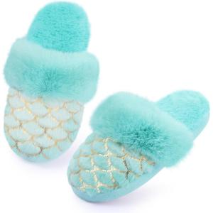 Girls Plush House Slippers Fluffy Multicolor Mermaid Slippers, Cute Faux Fur Slip-on Shoes Memory Foam House Slipper(Mermaid – Mint Green)