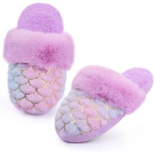Girls Plush House Slippers Fluffy Multicolor Mermaid Slippers, Cute Faux Fur Slip-on Shoes Memory Foam House Slipper(Mermaid – Purple)