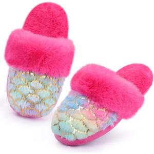 Girls Plush House Slippers Fluffy Multicolor Mermaid Slippers, Cute Faux Fur Slip-on Shoes Memory Foam House Slipper(Mermaid – Rose)