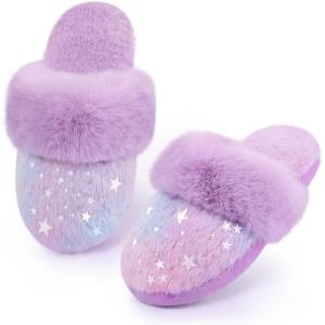 Girls Plush House Slippers Fluffy Multicolor Mermaid Slippers, Cute Faux Fur Slip-on Shoes Memory Foam House Slipper(Star – Multicolor Purple)