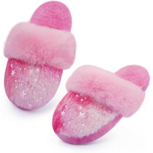 Girls Plush House Slippers Fluffy Multicolor Mermaid Slippers, Cute Faux Fur Slip-on Shoes Memory Foam House Slipper(Star – Multicolor Rose)