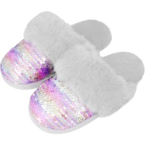 Girls Plush House Slippers Fluffy Sequin Slippers, Cute Faux Fur Slip-on Shoes Memory Foam House Slipper(Mermaid – Grey)
