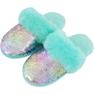 Girls Plush House Slippers Fluffy Sequin Slippers, Cute Faux Fur Slip-on Shoes Memory Foam House Slipper(Mermaid – Mint Green)