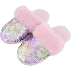 Girls Plush House Slippers Fluffy Sequin Slippers, Cute Faux Fur Slip-on Shoes Memory Foam House Slipper(Mermaid – Pink)