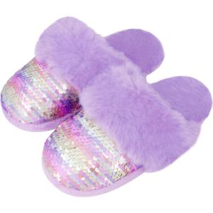 Girls Plush House Slippers Fluffy Sequin Slippers, Cute Faux Fur Slip-on Shoes Memory Foam House Slipper(Mermaid – Purple)