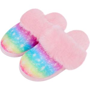 Girls Plush House Slippers Fluffy Sequin Slippers, Cute Faux Fur Slip-on Shoes Memory Foam House Slipper(Mermaid – Rainbow Pink)