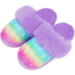 Girls Plush House Slippers Fluffy Sequin Slippers, Cute Faux Fur Slip-on Shoes Memory Foam House Slipper(Mermaid – Rainbow Purple)