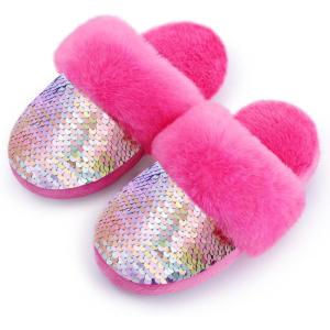 Girls Plush House Slippers Fluffy Sequin Slippers, Cute Faux Fur Slip-on Shoes Memory Foam House Slipper(Mermaid – Rose)