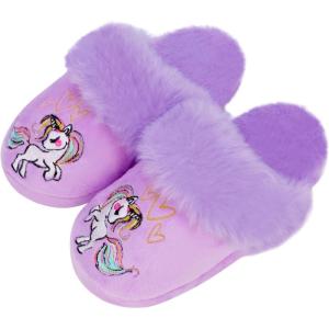 Girls Plush House Slippers Fluffy Sequin Slippers, Cute Faux Fur Slip-on Shoes Memory Foam House Slipper(Unicorn – Purple)