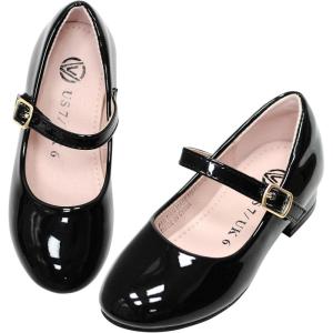 LseLom Girls Dress Shoes-Mary Jane Shoes for Girls Low Heel Princess Hook and Loop Dress Shoes Party Wedding Flats for Little/Big Kids(Black)