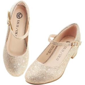 LseLom Girls Dress Shoes-Mary Jane Shoes for Girls Low Heel Princess Hook and Loop Dress Shoes Party Wedding Flats for Little/Big Kids(Gold)