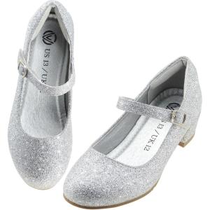 LseLom Girls Dress Shoes-Mary Jane Shoes for Girls Low Heel Princess Hook and Loop Dress Shoes Party Wedding Flats for Little/Big Kids(Silver)