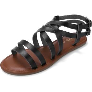 Luffymomo Women’s Flat Sandals Open Toe Casual Strappy Sandals Comfortable Ankle Strap Gladiator Slides(Black)