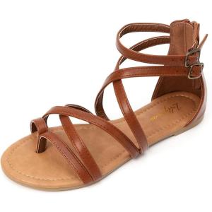 Luffymomo Women’s Gladiator Strap Sandals Flat Fisherman Thong Cross Strappy Sandals(Dk Brown)