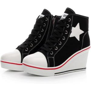Mei MACLEOD High Heel Wedge Sneakers for Women Casual Lace Up Canvas Shoes for Ladies Platform Wedge Shoes AnkleBooties(Black)