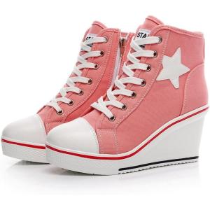 Mei MACLEOD High Heel Wedge Sneakers for Women Casual Lace Up Canvas Shoes for Ladies Platform Wedge Shoes AnkleBooties(Pink)