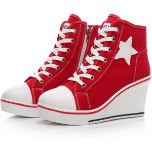 Mei MACLEOD High Heel Wedge Sneakers for Women Casual Lace Up Canvas Shoes for Ladies Platform Wedge Shoes AnkleBooties(Red)