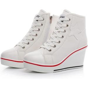 Mei MACLEOD High Heel Wedge Sneakers for Women Casual Lace Up Canvas Shoes for Ladies Platform Wedge Shoes AnkleBooties(White)