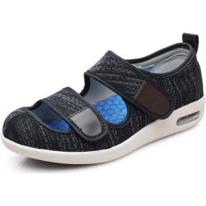 Mei MACLEOD Wide House Slipper Adjustable Strap Edema Shoes for Swollon Feet Diabetic Indoor Outdoor(Knit Black)