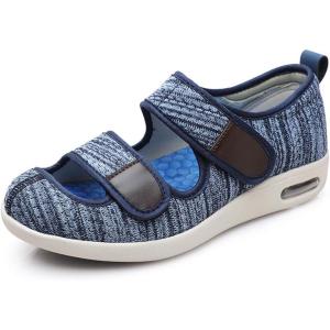 Mei MACLEOD Wide House Slipper Adjustable Strap Edema Shoes for Swollon Feet Diabetic Indoor Outdoor(Knit Blue)