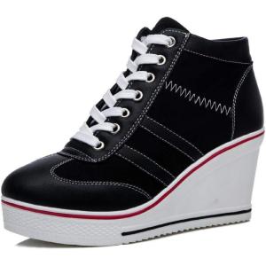 Mei MACLEOD Women Wedge Sneakers Platform Wedge High Heel Sneakers Ankle Booties Casual Canvas Shoes(Black)